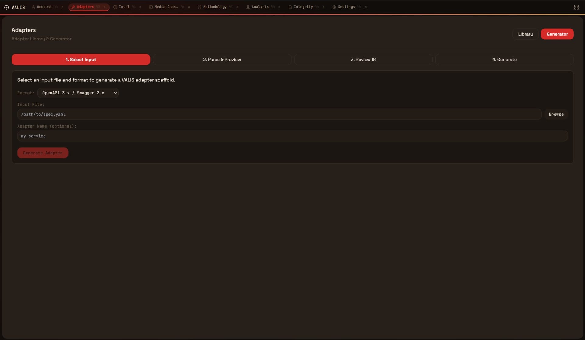 Adapter Generator — scaffold custom adapters from OpenAPI/Swagger specs