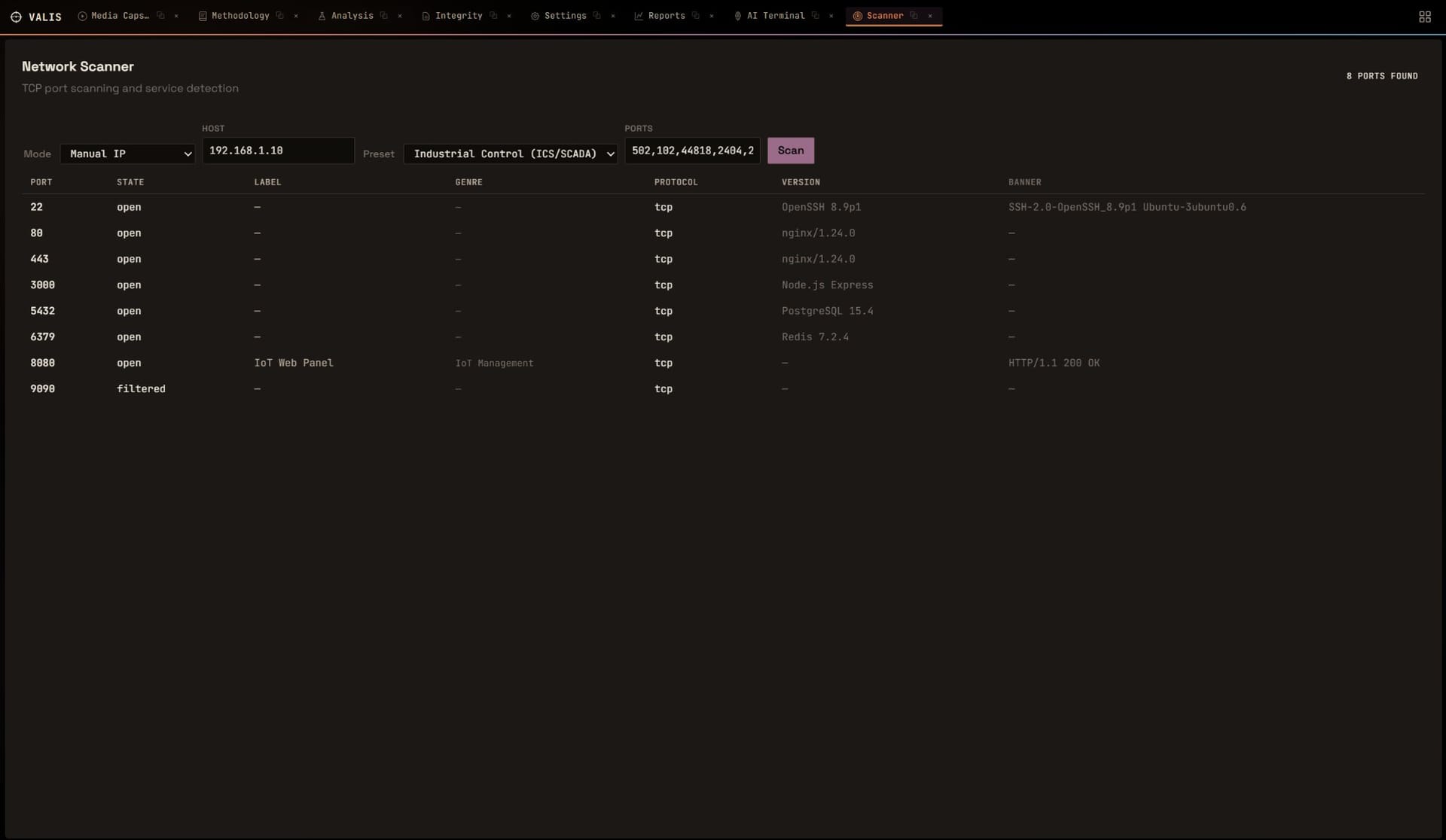 Network Scanner — manual IP targeting with ICS/SCADA presets