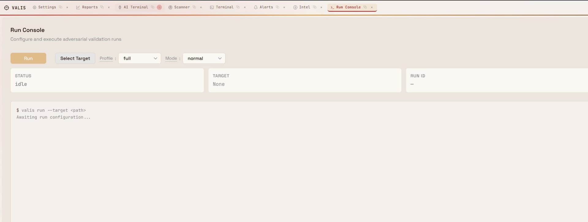Run Console — configure and execute validation runs