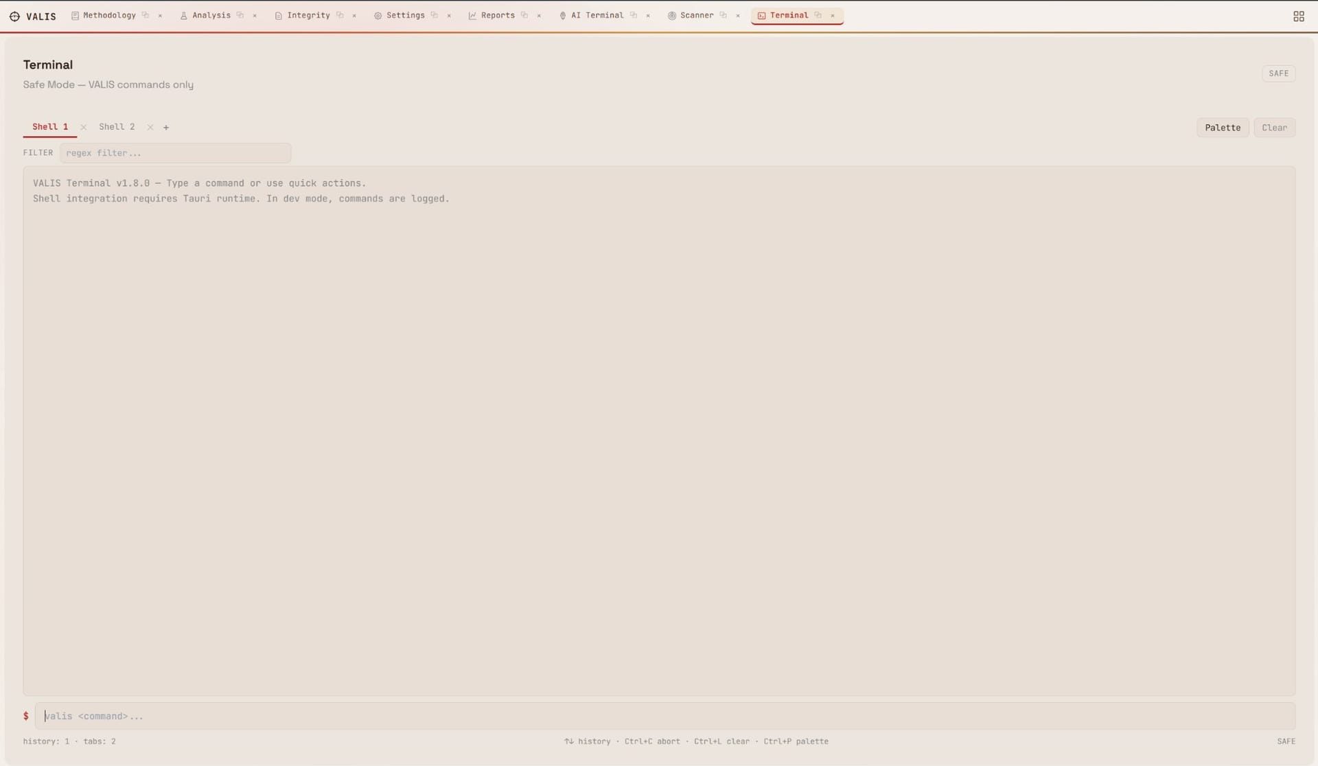 Terminal — safe mode, VALIS commands only, multi-shell