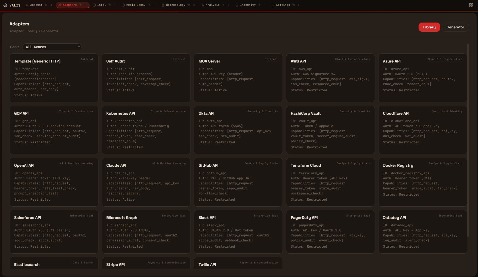 Adapter Library — 20+ integrations across Cloud, Security, AI, DevOps, Enterprise SaaS