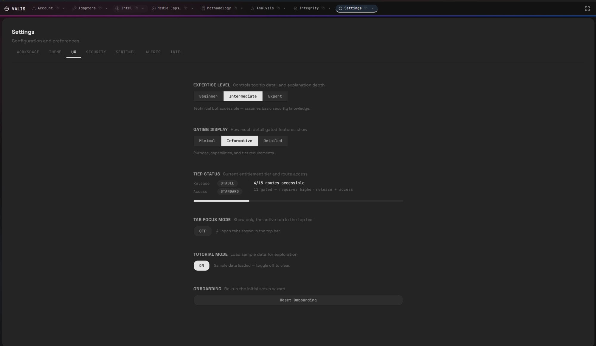 UX Controls — expertise levels, tier gating, tutorial mode